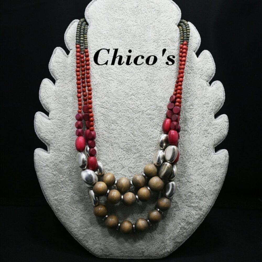 Chico's Wooden Red Brown Silver Beaded Distressed Necklace, 23 Inches